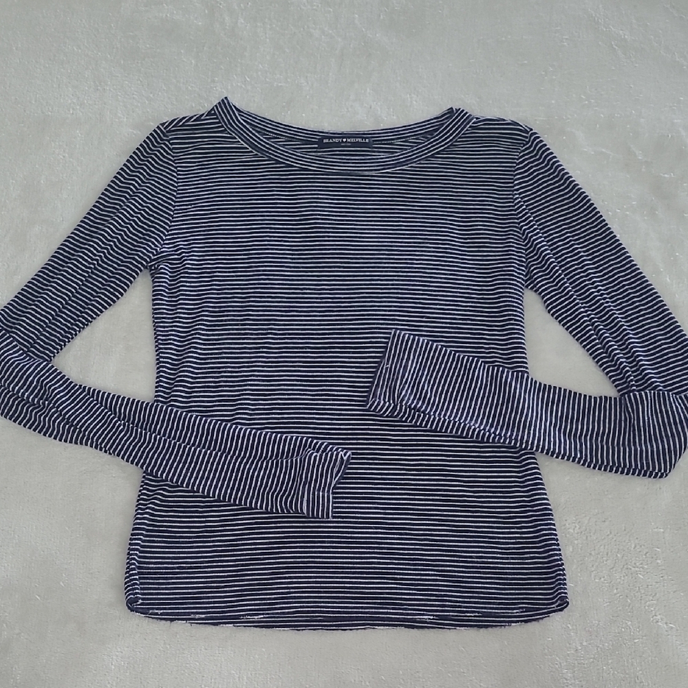 Brandy Melville Navy White Striped Ribbed Long Sleeve Tee Top Boho Y2K One Size